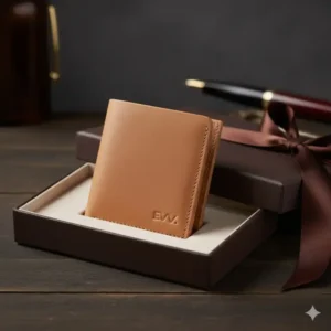 The luxury gift box presenting the high quality trifold leather wallet for a premium unboxing experience.