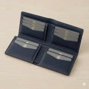 An open business card wallet showing multiple internal slots filled with professional cards.