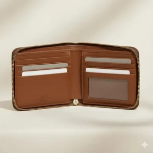 Interior view of a coach medium zip wallet showing card slots, billfold compartment, and ID window.