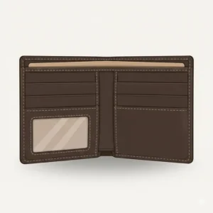 Inside view of a dark brown wallet showing multiple card slots and compartments.