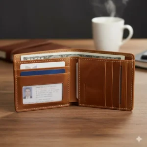 Open view of a brown wallet showing card slots and a dedicated bill compartment.