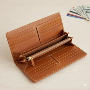 Open view of a leather continental wallet showing multiple card slots and a zippered coin pouch.