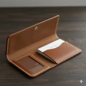 The interior view of an open leather business card case showing its card capacity and lining.