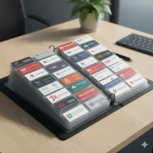 High-capacity business card binder with clear protective sleeves for contact organization.