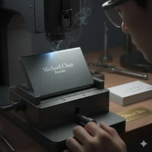 Custom engraved metal business card case being prepared as a personalized corporate gift.