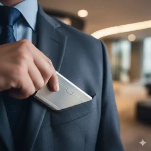 A person sliding a slim pocket business card case into a suit jacket.