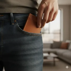 Close up of a person placing a slim brown leather card holder into a front pocket.