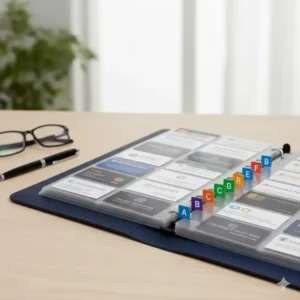 An organized business card binder featuring alphabetical A-Z index tabs.