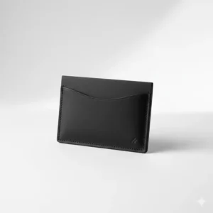 A sleek and minimalist black leather business card case designed for professional use.