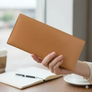 A slim tan leather continental wallet held in hand to demonstrate its long rectangular dimensions.