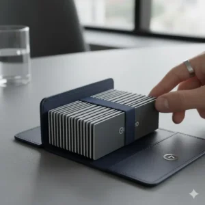 Inside view of a high-capacity pocket business card case holding multiple cards.