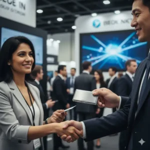 A professional using a sleek silver business card case gift to network at a conference.