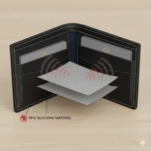 A technical illustration demonstrating the RFID blocking layers inside a secure business card wallet.