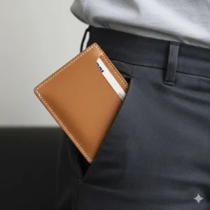 A thin minimalist brown wallet designed for front pocket carry and easy access.