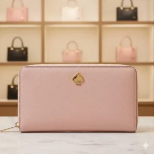 A stylish pink zip-around large wallet kate spade with gold logo.