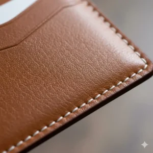 Detailed macro view showing the natural grain and texture of a genuine brown leather card holder.