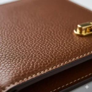 Close-up detail of the high-quality stitching and grain texture on a genuine leather continental wallet.