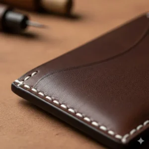 Close-up of the premium handmade stitching on a high-quality leather business card case.