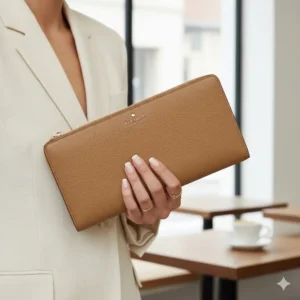 A woman holding a tan large wallet kate spade as a fashion clutch.