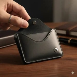Close-up of the secure magnetic flip cover on a pocket business card case.