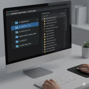 Top view of a designer organizing a digital business card file in a structured folder.