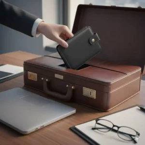 A compact and portable business card binder being placed into a leather briefcase.