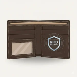 Technical illustration of a dark brown wallet with an integrated RFID blocking layer.