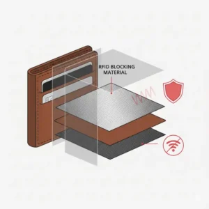 Illustration showing the RFID blocking layers inside a secure brown wallet to prevent digital theft.
