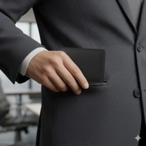 A minimalist business card wallet sliding easily into a suit pocket to show its thin profile.