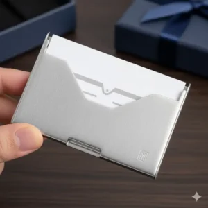 Close-up view of a slim stainless steel business card holder, ideal for a modern professional gift.