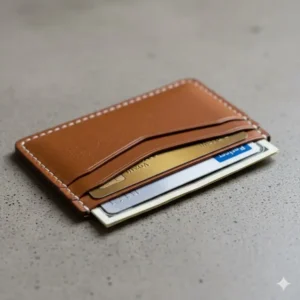 An open brown leather card holder displaying credit cards and folded cash in its slots.