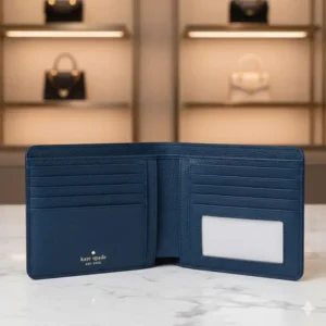 Slim blue bifold design of a large wallet kate spade for organization.