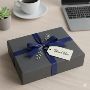 An elegantly wrapped business card case gift with a ribbon and "Thank You" card.