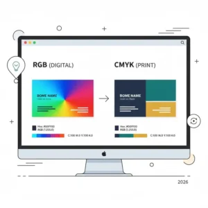 Illustration explaining the CMYK color mode settings for a print-ready business card file.