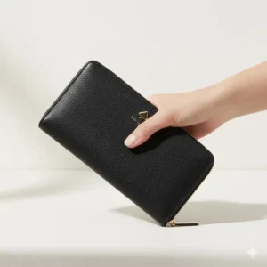 A person holding a kate spade large continental wallet to demonstrate its actual size in hand.