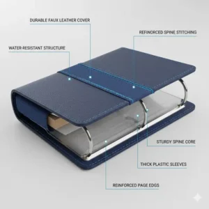 Close-up of a durable and water-resistant business card binder showing material texture.