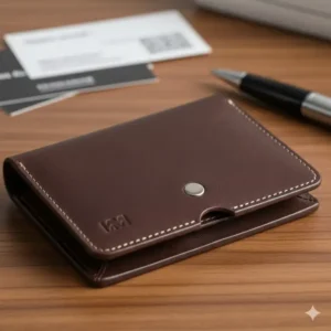 A leather business card case featuring a secure hidden magnetic closure system.