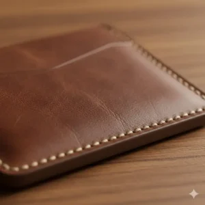 Close up texture of a brown full grain leather business card wallet with reinforced stitching.
