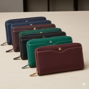 An array of leather continental wallet collection in various colors including navy blue and burgundy.