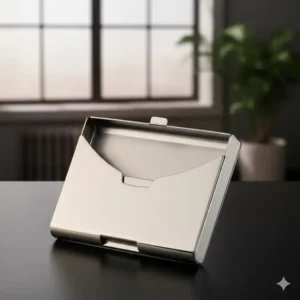 A durable silver stainless steel pocket business card case with a mirror finish.