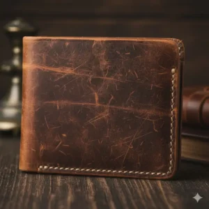 Close-up of a vintage brown wallet with a rugged, distressed leather texture and white stitching.