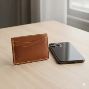 A compact brown leather card holder placed next to a smartphone for size scale.