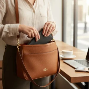 A coach medium zip wallet being tucked into a luxury crossbody bag to show its slim profile.