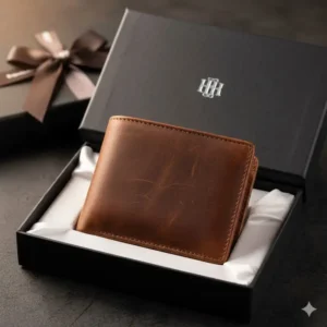 A luxury brown wallet presented in an elegant matte black gift box.
