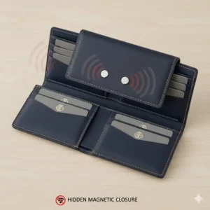 A business card wallet featuring a hidden magnetic closure for secure and easy access.