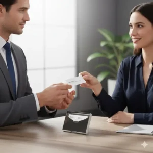 Two professionals exchanging cards using a stylish pocket business card case.