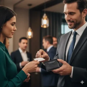 A person in business attire holding a slim leather business card case during a meeting.