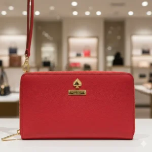Vibrant red large wallet kate spade featuring a convenient wristlet strap.