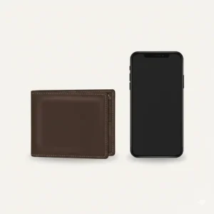 A dark brown wallet placed next to a smartphone to show its compact size.
