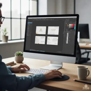 Graphic designer using professional software to edit a custom business card file.
